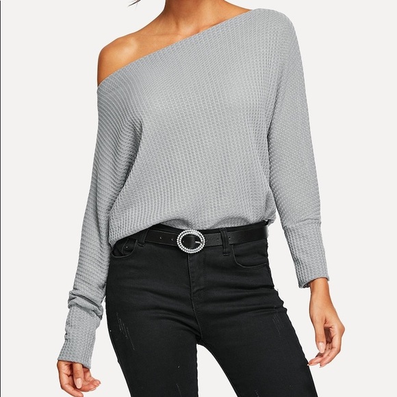 Waffle knit off the shoulder shirt gray - Picture 2 of 4